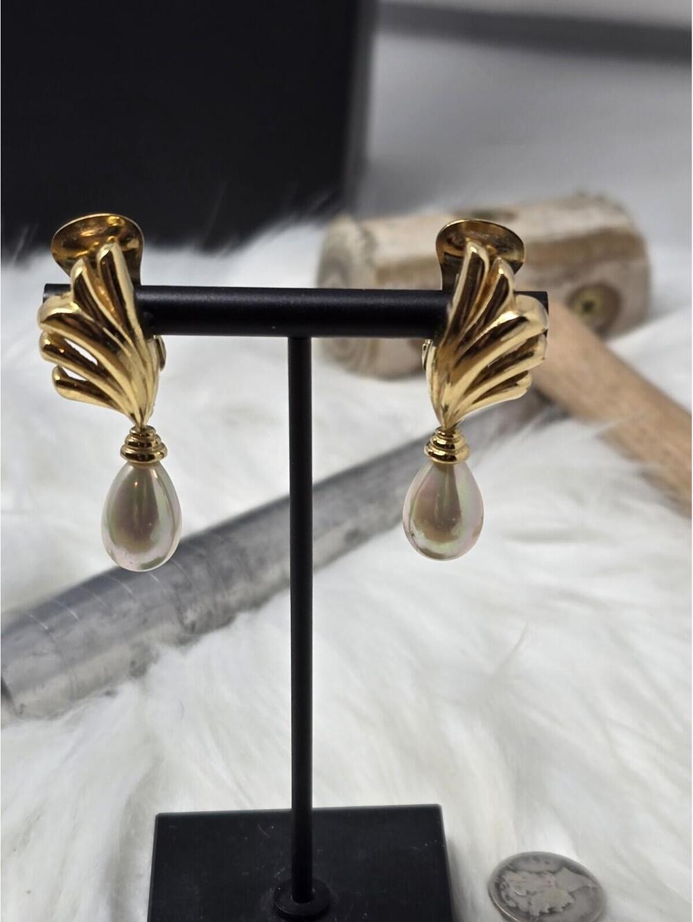 Vintage Christian Dior Gold Tone Faux Pearl Clip On Earrings